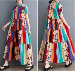 ロング　ワンピース　大きいサイズ レディース 春夏 秋 新品 派手　半袖　花柄