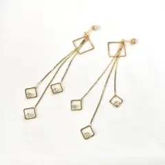 【高見え！】 ゴールド チェーン　ピアス　スクエア　ストーン付き　ハンドメイド