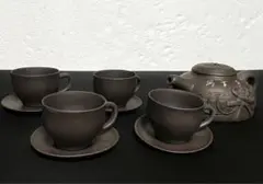 宜興紫砂 急須（茶壺）4客茶杯（カップ＆ソーサー）中国茶器 セット