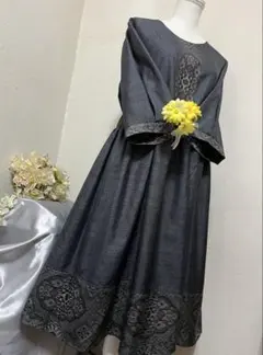 着物リメイク　ワンピース　大島紬　ウエストギャザー　ゆったりタック八分袖　W1