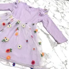 子供服　子供用ワンピース　花柄　刺繍　紫　2-3y