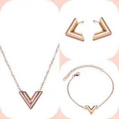 V字型 アクセサリー 3点セット ピンク （ネックレス・ブレスレット・ピアス）