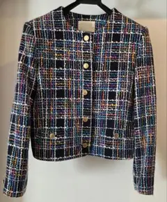 ノーカラージャケット ネイビー系 チェック柄