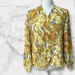 レトロブラウス　ノーカラー　イエロー　花柄　総柄　ヴィンテージ古着　11号