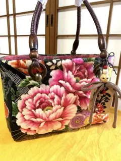 一閑張り和風花柄かごバッグ　牡丹