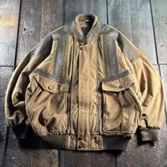 古着　短丈　ボンバージャケット　ベロア　ベージュ　異素材切り替え　XL
