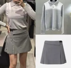 PXG ゴルフレディース ウェア 長袖ニットポロシャツとスカートのセット グレー