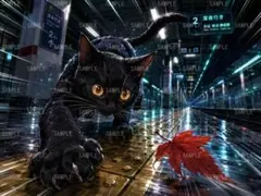 黒猫が深夜の駅ホームを駆ける青い光と反射が鮮烈なアニメ風イラスト d109