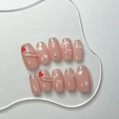 【C0041】ネイルチップ ピンク ホワイト ハート リボン 大人可愛い 春