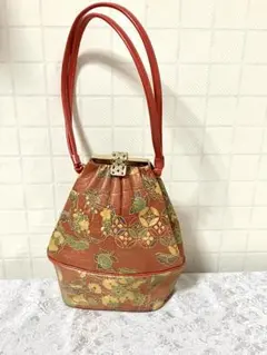 本革 友禅染 がま口バッグ 和装用 朱色 レトロ 七宝・花柄