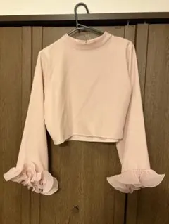 ZARAピンク フリル付きハイネッククロップドトップス