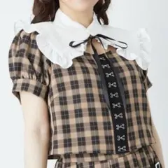 Ank Rouge スプリングホックブラウス ブラウン チェック スクエアネック