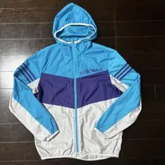 adidas ナイロンジャケット フード付き ブルー パープル M