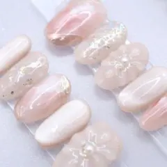 【874】ネイルチップSサイズ ピンクベージュ ニュアンス3D花柄金箔マグネット