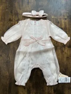 ピンク レース装飾ロンパース ヘアバンド付き