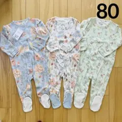 【☆新品☆】80 フットカバー付き　フローラルロンパース　3枚セット