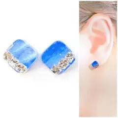 ブルー7mmスクエアピアス/イヤリング　再販　人気