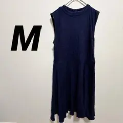 ノースリーブ 膝丈 ワンピース 100%コットン 紺 M 伸縮性有のサムネイル