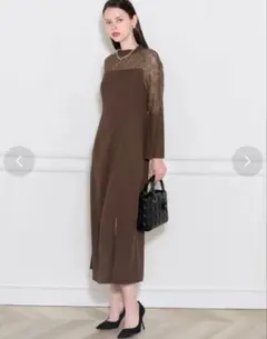 【LEJA】レース切替スリットAラインロングドレスワンピース美脚効果結婚式