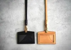 本革IDカード名札ホルダー 横型 ストラップ付 イタリア製 ハンドメイド