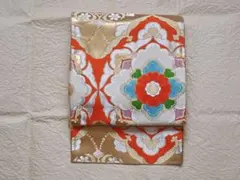 正絹 袋帯 六通 ゴールド×オレンジ アンティーク フォーマル 結婚式 振袖