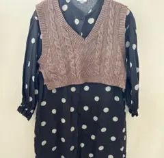 ブリーズ　ドット柄長袖ワンピース&ニットベストセット　130