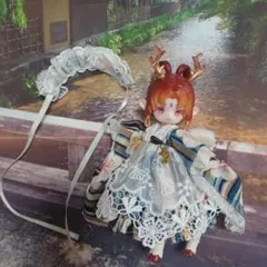 即購入OKです。アンティーユ鹿サイズ　和カフェワンピース&ヘッドドレスセット　青