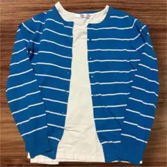 青と白のストライプカーディガンと白トップスセット