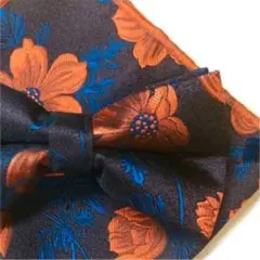 【高級感】蝶ネクタイ・ポケットチーフ | オレンジ花柄 & ダークブラウン W4