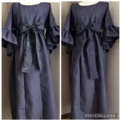 ★着物リメイク★　大島紬　フリル袖のゆったりワンピ　　濃紺の十字絣