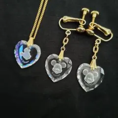 【希少・未使用品】ミッキー&ミニー ハート型クリスタル ネックレス・イヤリング