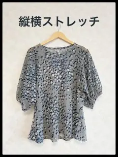 縦横ストレッチ　透け感チュニック　カットソー　Aライン　バルーン袖