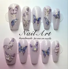 立体蝶デザイン　ラメ入りハンドメイドネイルチップサイズS