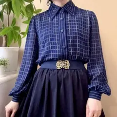 昭和レトロ ヴィンテージ チェック柄 シャツブラウス ロープ編み 日本製 紺 白
