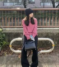 リブ編み ピンク ニットセーター 長袖