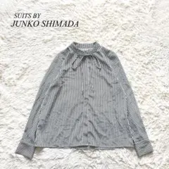 i1【ジュンコシマダ】バンドカラーシャツ　長袖　ストライプ　リボン　S 黒