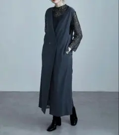 総レースワンピース&ジレのセットアップ　ダークカーキ　オケージョンドレス