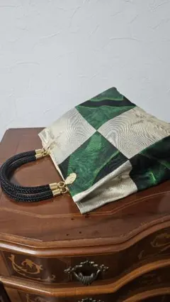 緑と金のチェック柄グラニーバッグ,着物帯リメイクバック