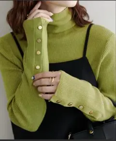 万能インナーリブ袖口ボタン タートル ライムグリーン