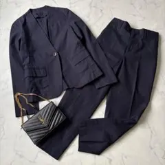 a.v.v. セットアップ　ノーカラーパンツスーツ　リネン　ネイビー◆7053