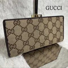 ✨美品✨ グッチ GGキャンバス 長財布 レザー がま口 GG ブラウン 茶