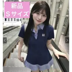 GRL♡新品 襟付プリーツニットミニワンピース ポロ ネイビーS シャツ