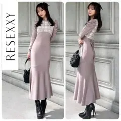 【美品】RESEXXYチェックジャガードマーメイドニットワンピース　ベージュ