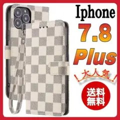 手帳型 iPhone 7.8Plusケース　白色　チェック PUレザー　おしゃれ