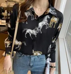 【売れてます！！】黒　シャツ　馬柄　春秋　長袖