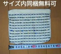 ​ビーズ刺繍 ポーチ クラッチバッグ風 白×紺 マチなし