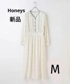 新品 大人可愛い フェミニン シフォンドレス Vネック水玉ワンピース 長袖 白色