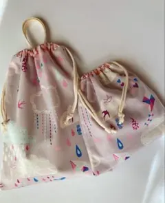 お着替え袋　給食袋　巾着　北欧　コップ袋　パステル　ピンク　鳥　入園　入学