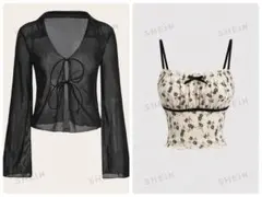 SHEIN シースルートップス シースルーカーディガン花柄 キャミソール セット