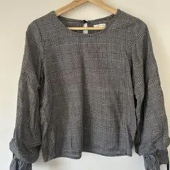 チェック柄 長袖ブラウス 袖リボン付き